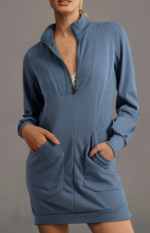 Black Zip Up Collared Ribbed Patchwork Sweatshirt Dress With Pockets