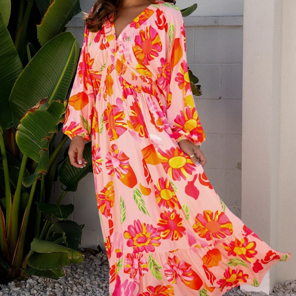 Beige Floral Print Smocked Detail V Neck Puff Sleeve Flowy Maxi Dress