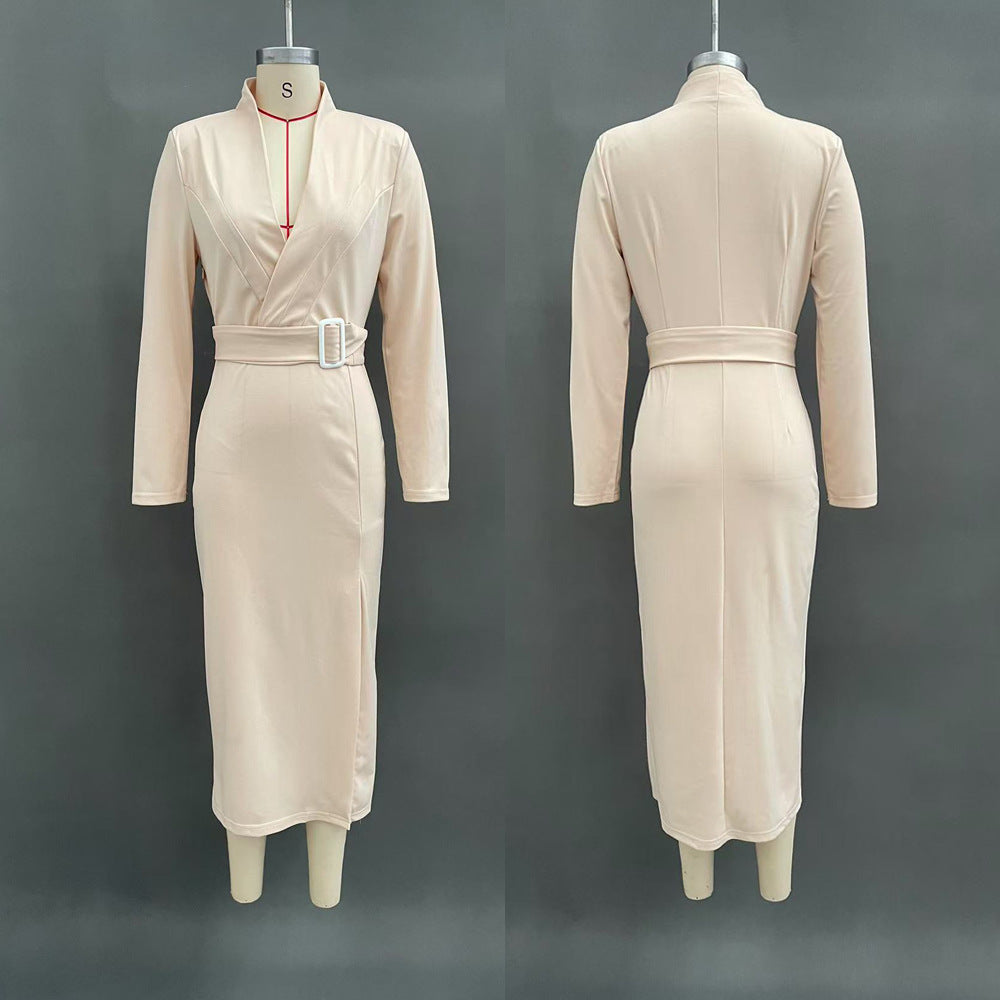 Autumn Elegant V-neck Slim Fit Medium Long Sheath Slit Fashionable Dress For Women