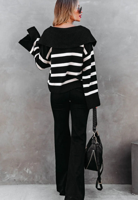 Black Caped V Neck Slit Sleeve Striped Solid Sweater