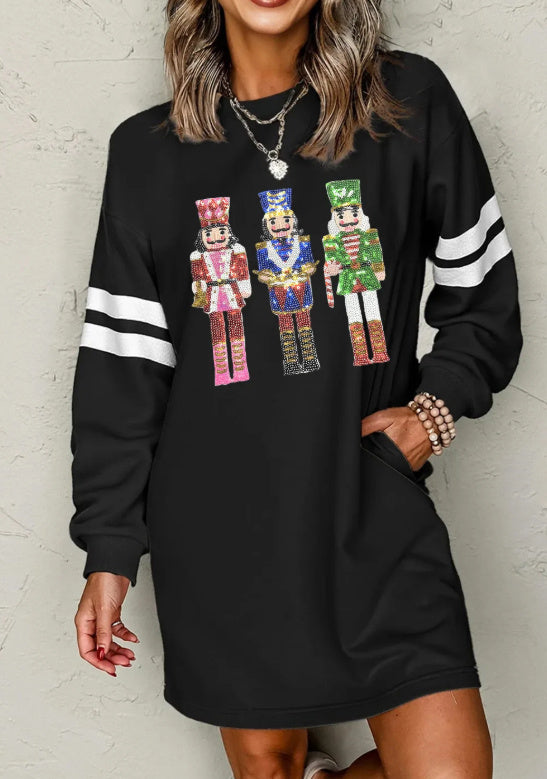 Black Christmas Sequin Nutcracker-man Graphic Varsity Striped Sleeve Sweatshirt Dress