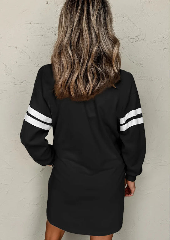 Black Christmas Sequin Nutcracker-man Graphic Varsity Striped Sleeve Sweatshirt Dress