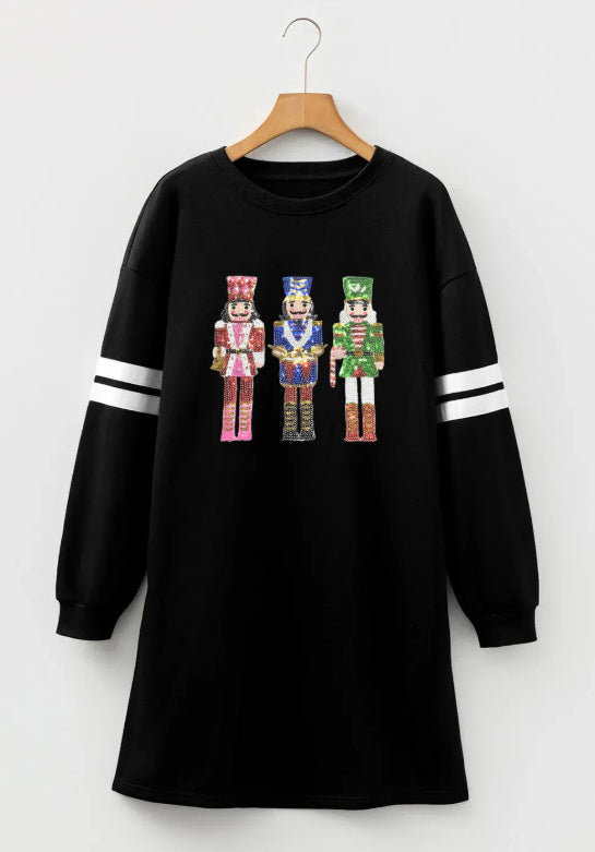 Black Christmas Sequin Nutcracker-man Graphic Varsity Striped Sleeve Sweatshirt Dress