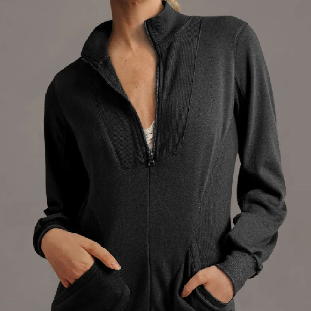 Black Zip Up Collared Ribbed Patchwork Sweatshirt Dress With Pockets