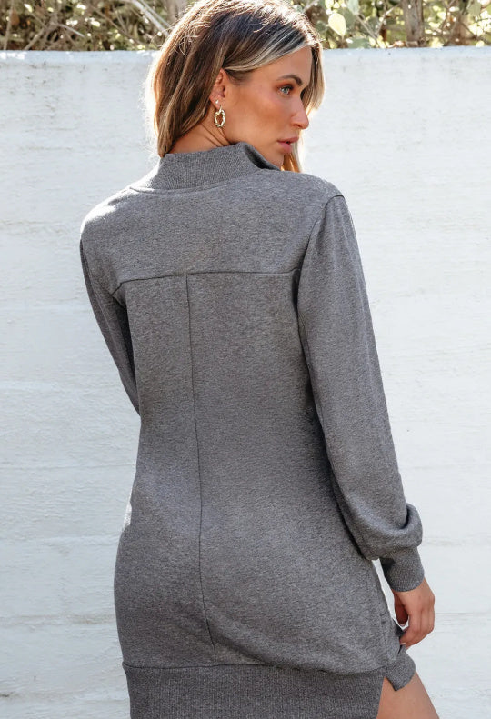 Black Zip Up Collared Ribbed Patchwork Sweatshirt Dress With Pockets