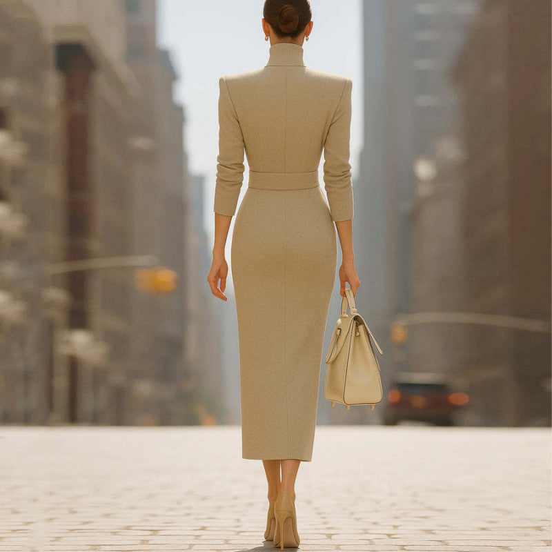 Autumn Elegant V-neck Slim Fit Medium Long Sheath Slit Fashionable Dress For Women