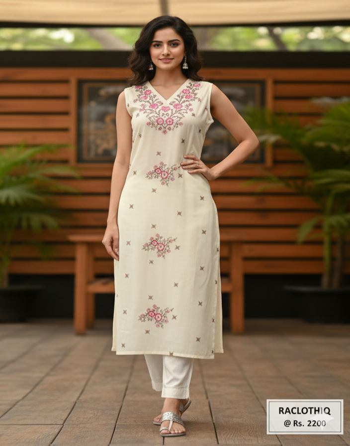 Elegant Off-White Sleeveless Kurti with Pink Floral Embroidery and White Pants