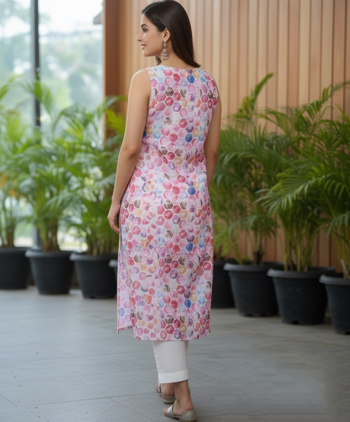 Pastel Bubble Print Sleeveless Ladies Kurti Set with Embroidered Yoke