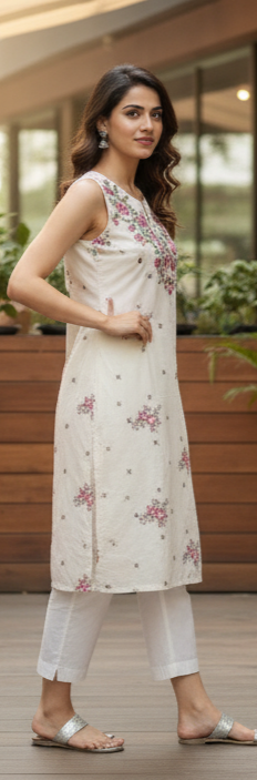 Elegant Off-White Sleeveless Kurti with Pink Floral Embroidery and White Pants