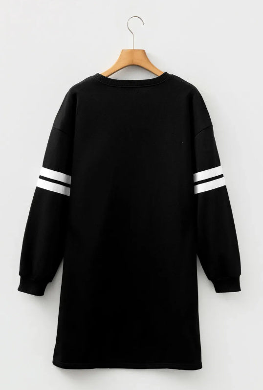 Black Christmas Sequin Nutcracker-man Graphic Varsity Striped Sleeve Sweatshirt Dress