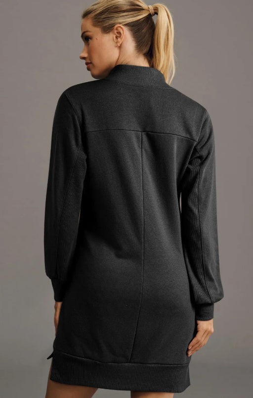 Black Zip Up Collared Ribbed Patchwork Sweatshirt Dress With Pockets