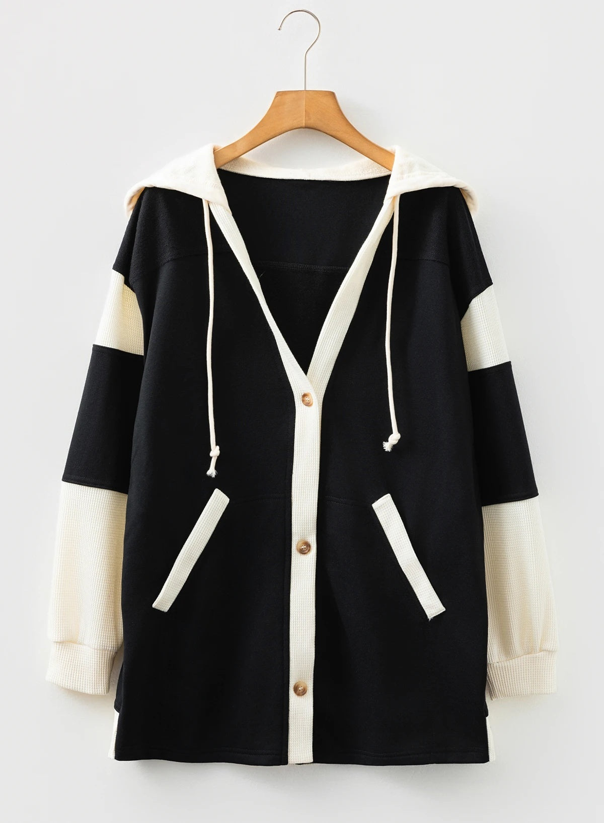 Black Waffle Contrast Color Knitted Stitching Button Front Cardigan Oversized Hoodie