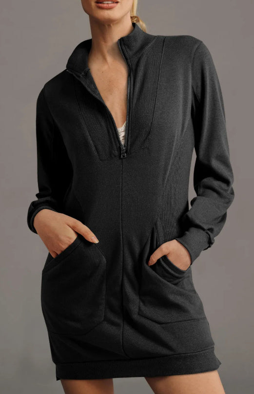 Black Zip Up Collared Ribbed Patchwork Sweatshirt Dress With Pockets