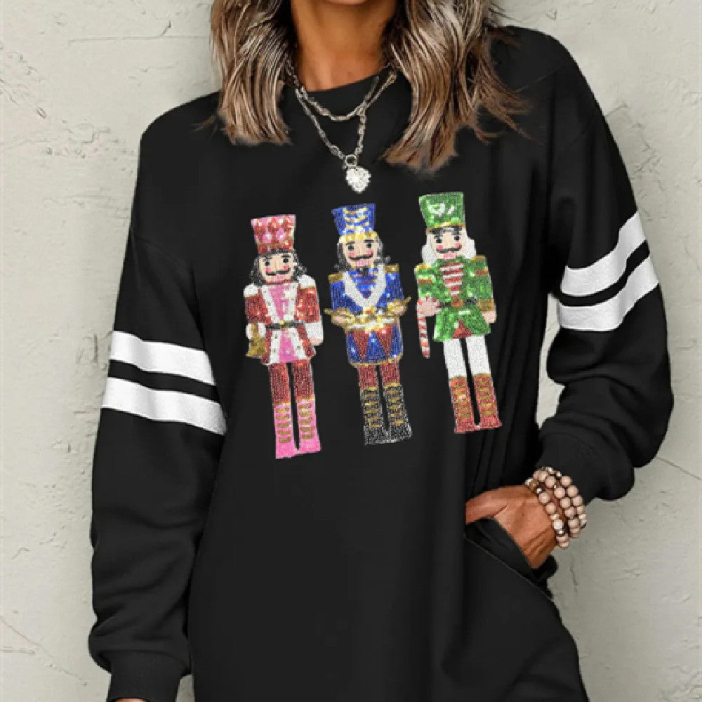 Black Christmas Sequin Nutcracker-man Graphic Varsity Striped Sleeve Sweatshirt Dress