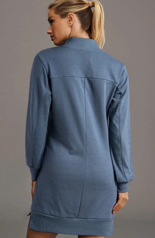 Black Zip Up Collared Ribbed Patchwork Sweatshirt Dress With Pockets