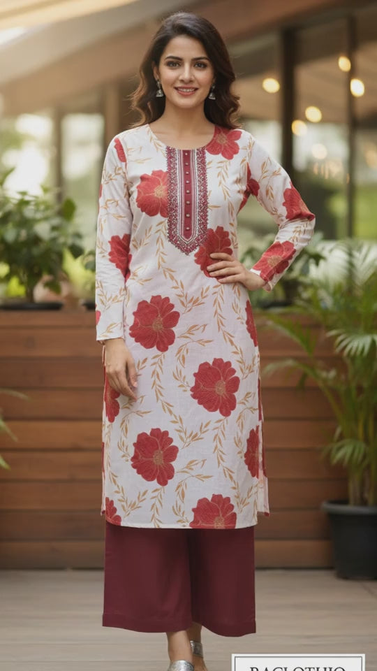 Vibrant Red & Gold Floral Print Straight Kurti with Solid Red Pants