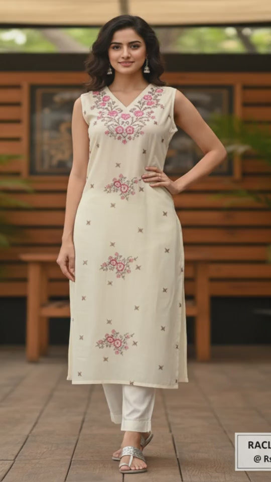 Elegant Off-White Sleeveless Kurti with Pink Floral Embroidery and White Pants
